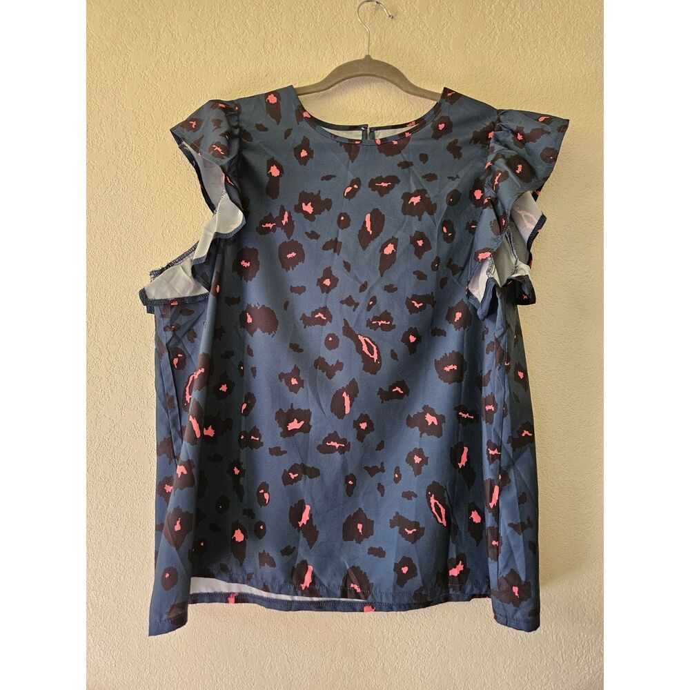 Blue Pink Leopard Print Blouse Shirt Ruffled Sleeves 2XL